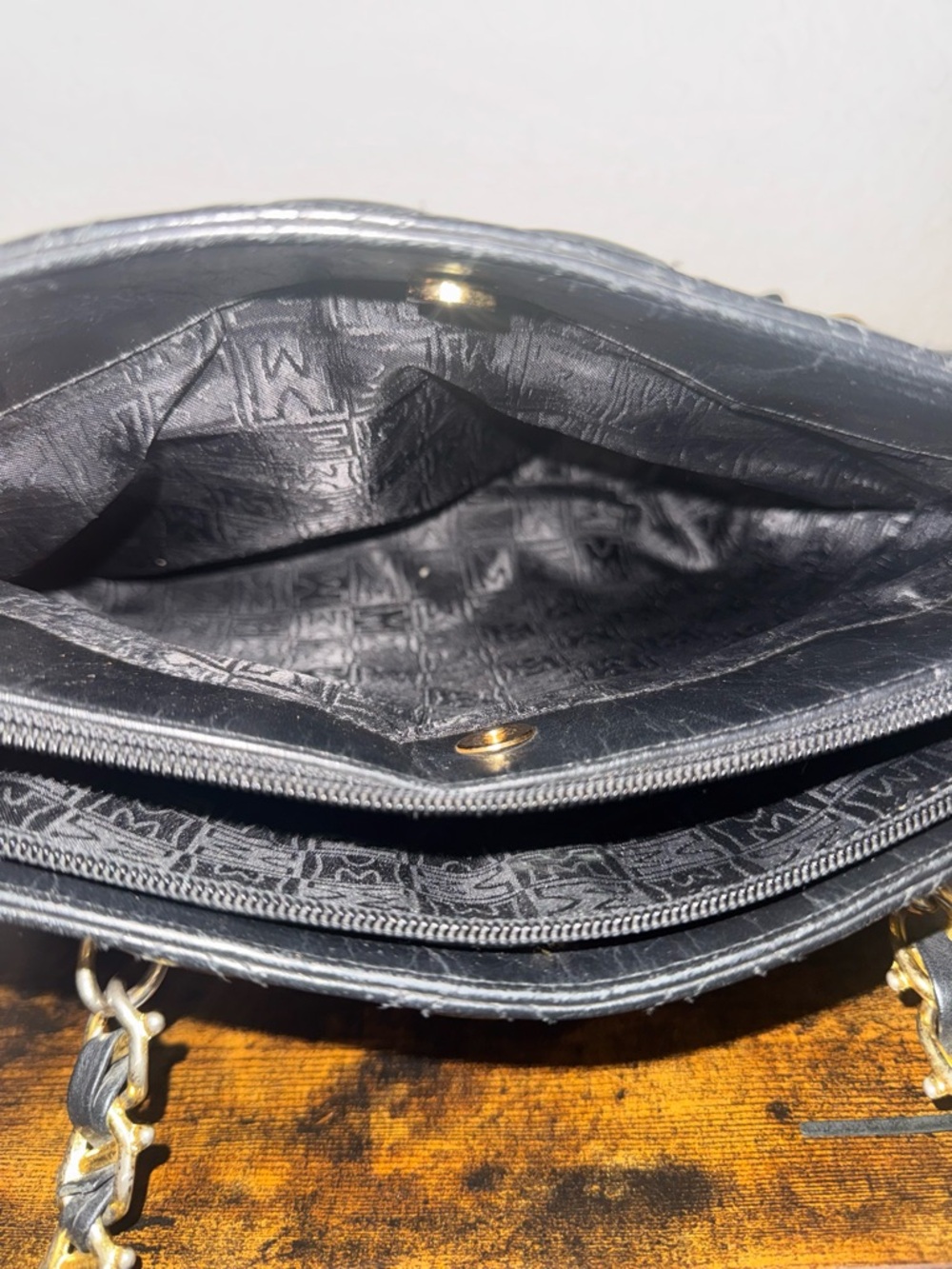 Metro City Black Quilted Leather Tote with Gold Chain straps. - Picture 6 of 10